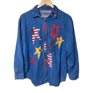 Vintage 90s Premier Denim Shirt Womens XL USA Patchwork Appliqué Stars
